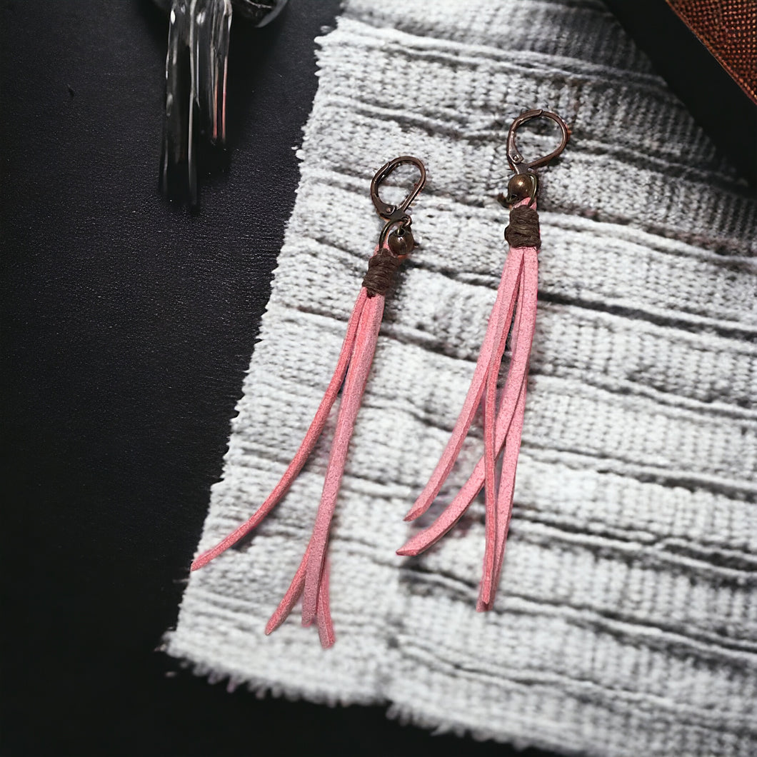 Beautiful pink suede boho earrings